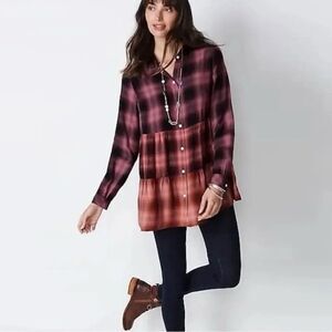 J Jill Brushed Cotton Modal Tiered Plaid Ombre Tunic Size M Medium EUC!!!